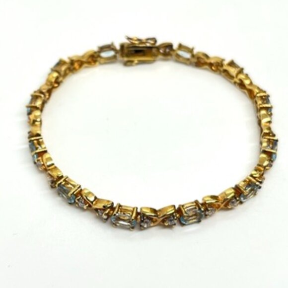 VINTAGE DBJ 925 VERMEIL BLUE TOPAZ CZ TENNIS BRACELET GOLD STERLING SILVER 7” - Picture 5 of 14